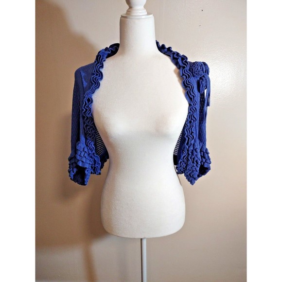 Moth Women's Blue Textured One Size Linen Blend Open Front Floral Bolero - Picture 8 of 12